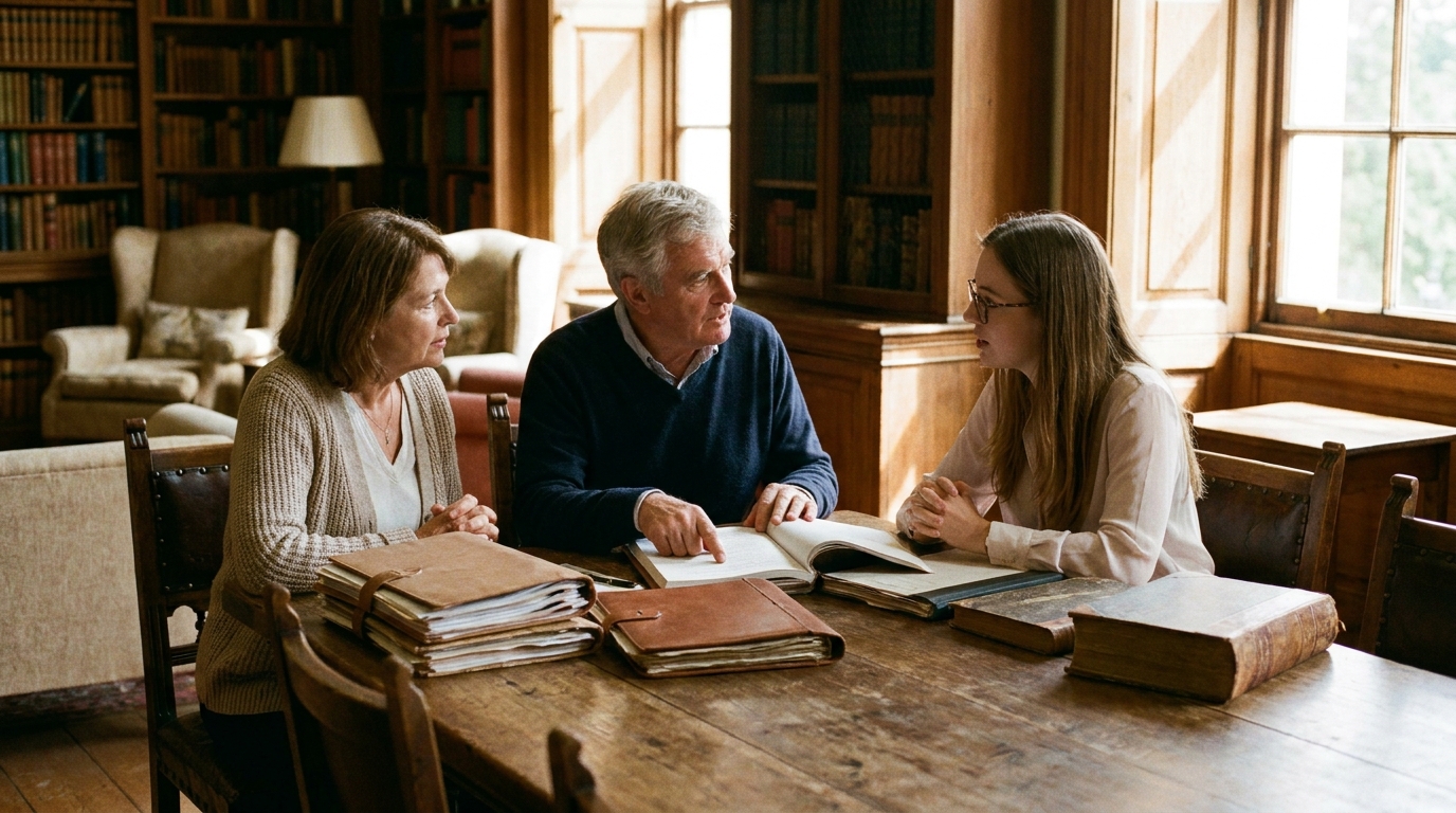 Family reviewing property and tax planning documents around a wooden table in a home office library