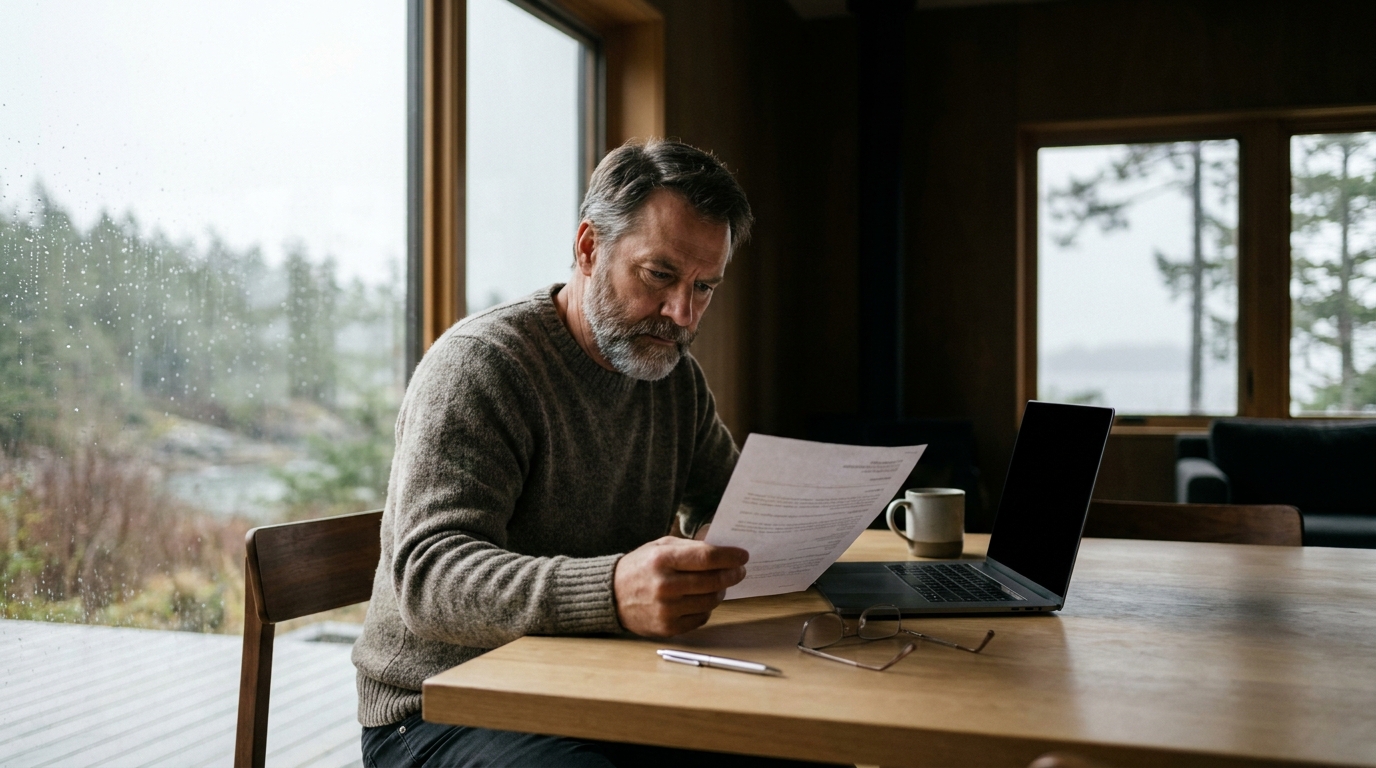 Thoughtful Canadian man reviewing bank investment fees and mutual fund statements at a dining table