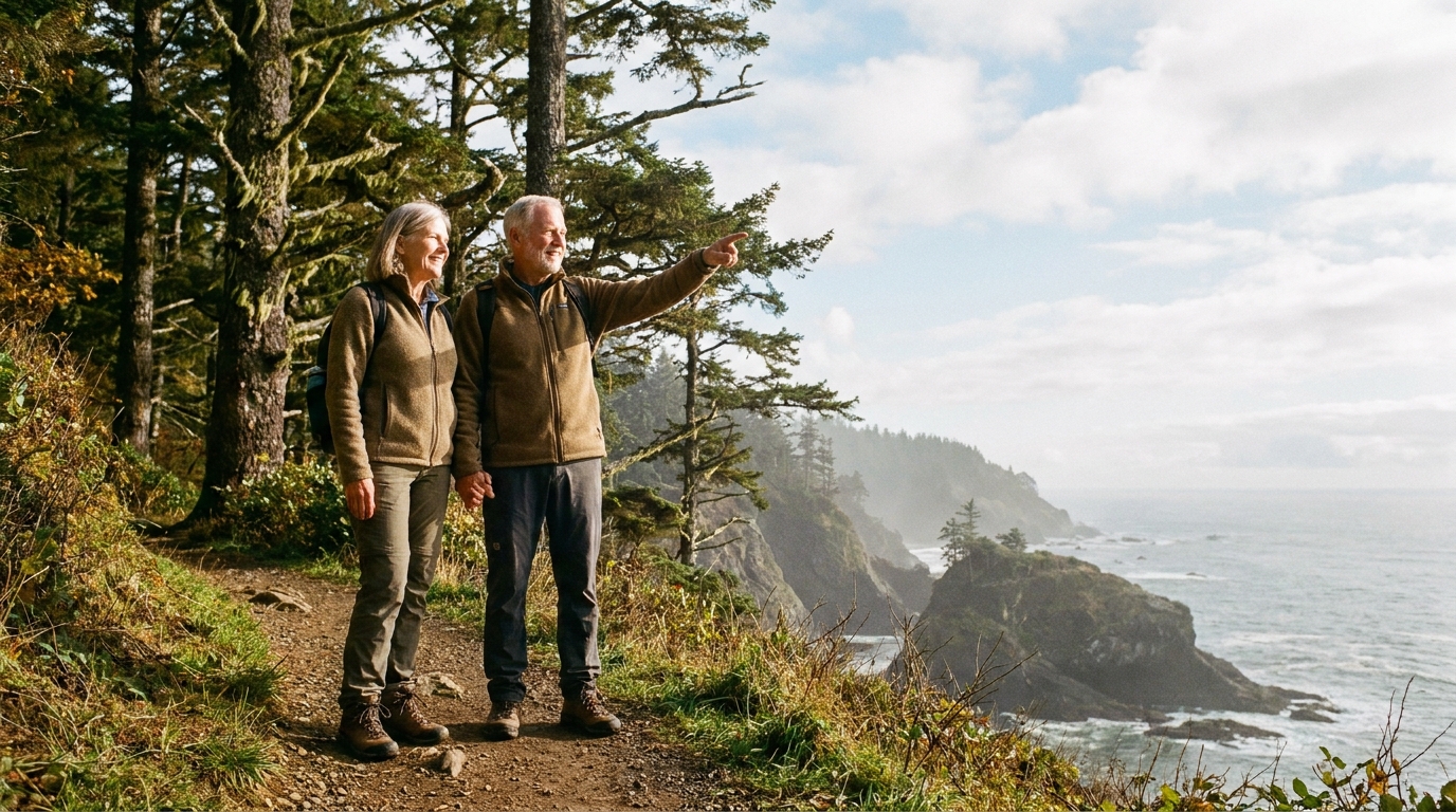 Active senior couple smiling on a scenic coastal trail in British Columbia representing retirement longevity