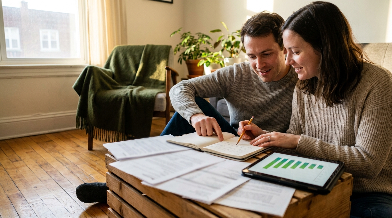 A Canadian couple in their early 30s sitting on the floor of a modest apartment reviewing financial documents and planning their FHSA, RRSP, and TFSA contribution hierarchy.