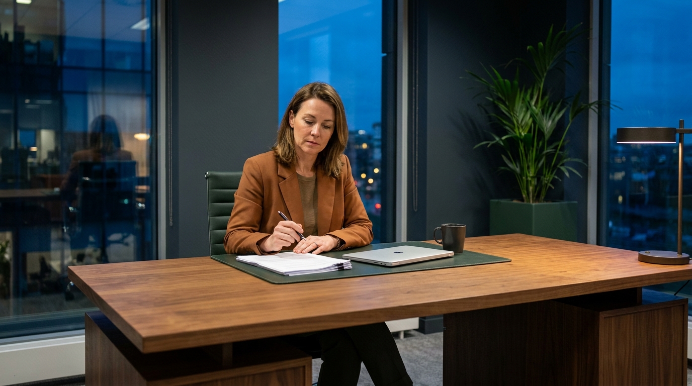 An incorporated Canadian professional woman in an office reviewing corporate investment statements and planning holding company passive income tax optimization.
