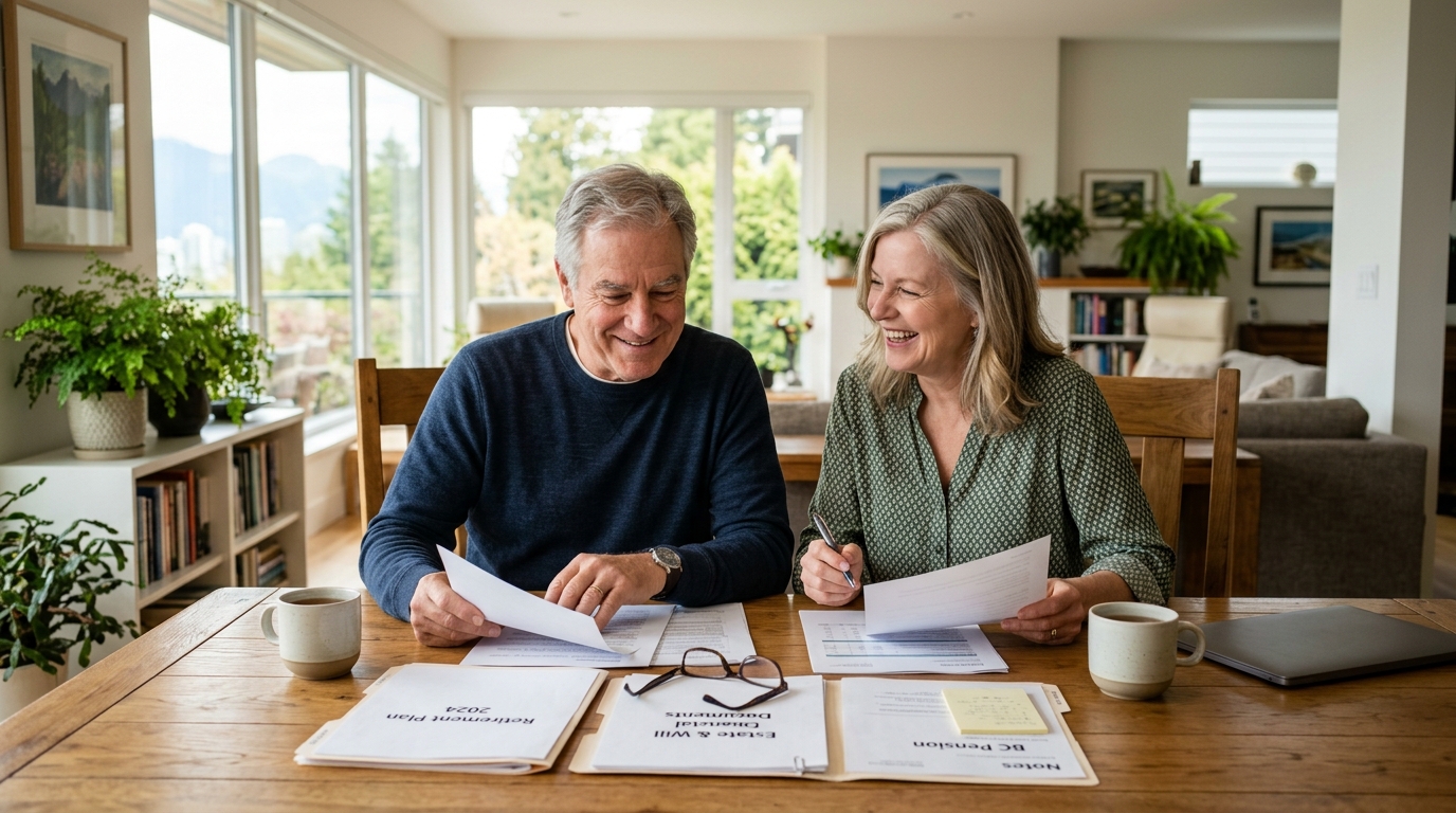 Canadian senior couple in Vancouver reviewing retirement finances and RRSP meltdown schedule at dining table