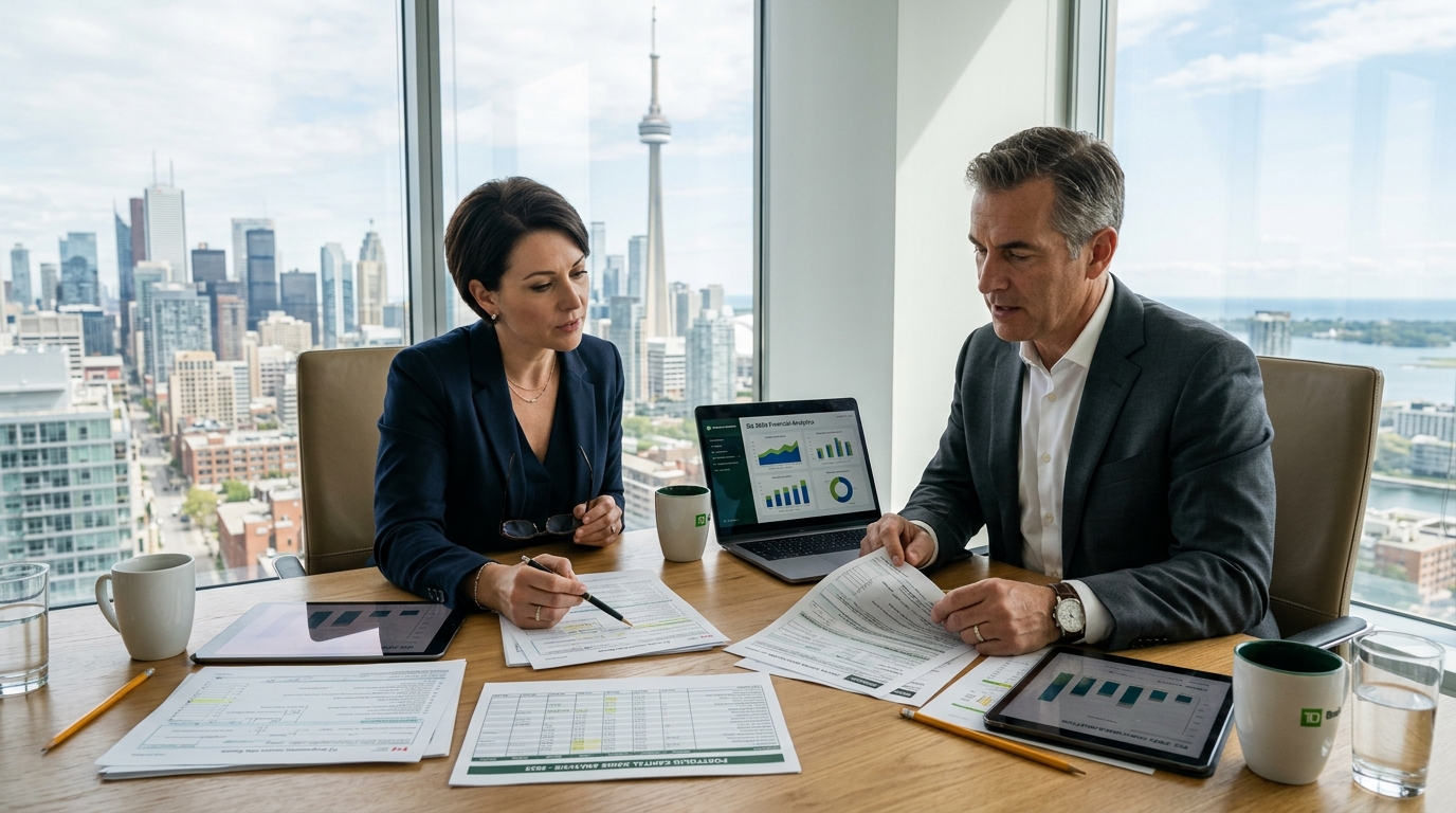 Canadian financial analyst reviewing capital gains schedules and tax loss harvesting rules in a corporate office