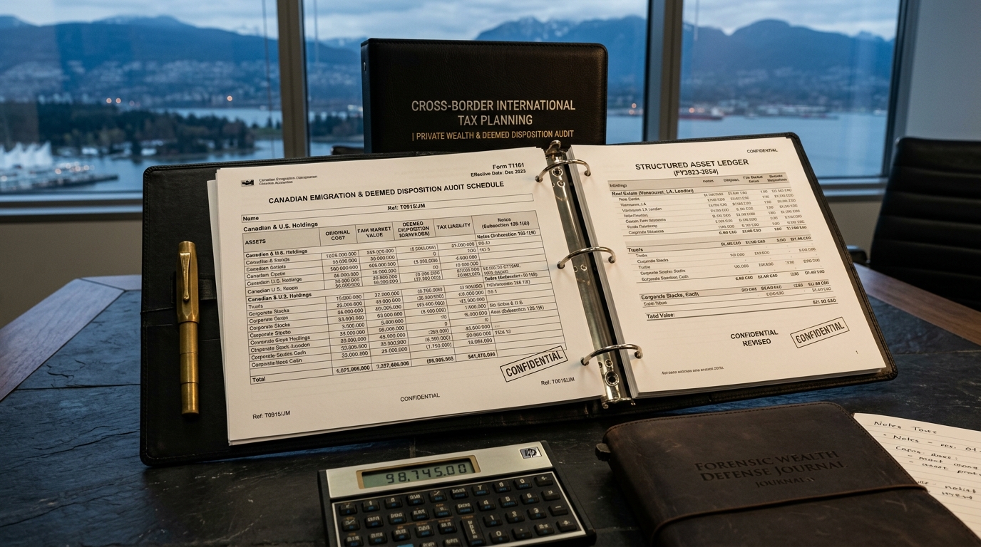 Canadian emigration and deemed disposition audit schedule binder with Form T1161, financial ledger, and calculator