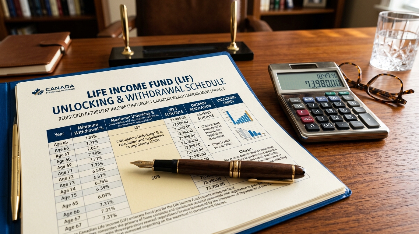 Official Canadian Life Income Fund LIF unlocking and withdrawal schedule document on mahogany desk with calculator