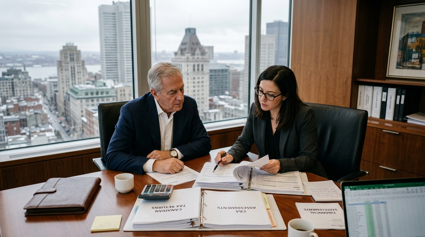 Canadian private wealth client and CPA reviewing tax returns and CRA assessments in Montreal office