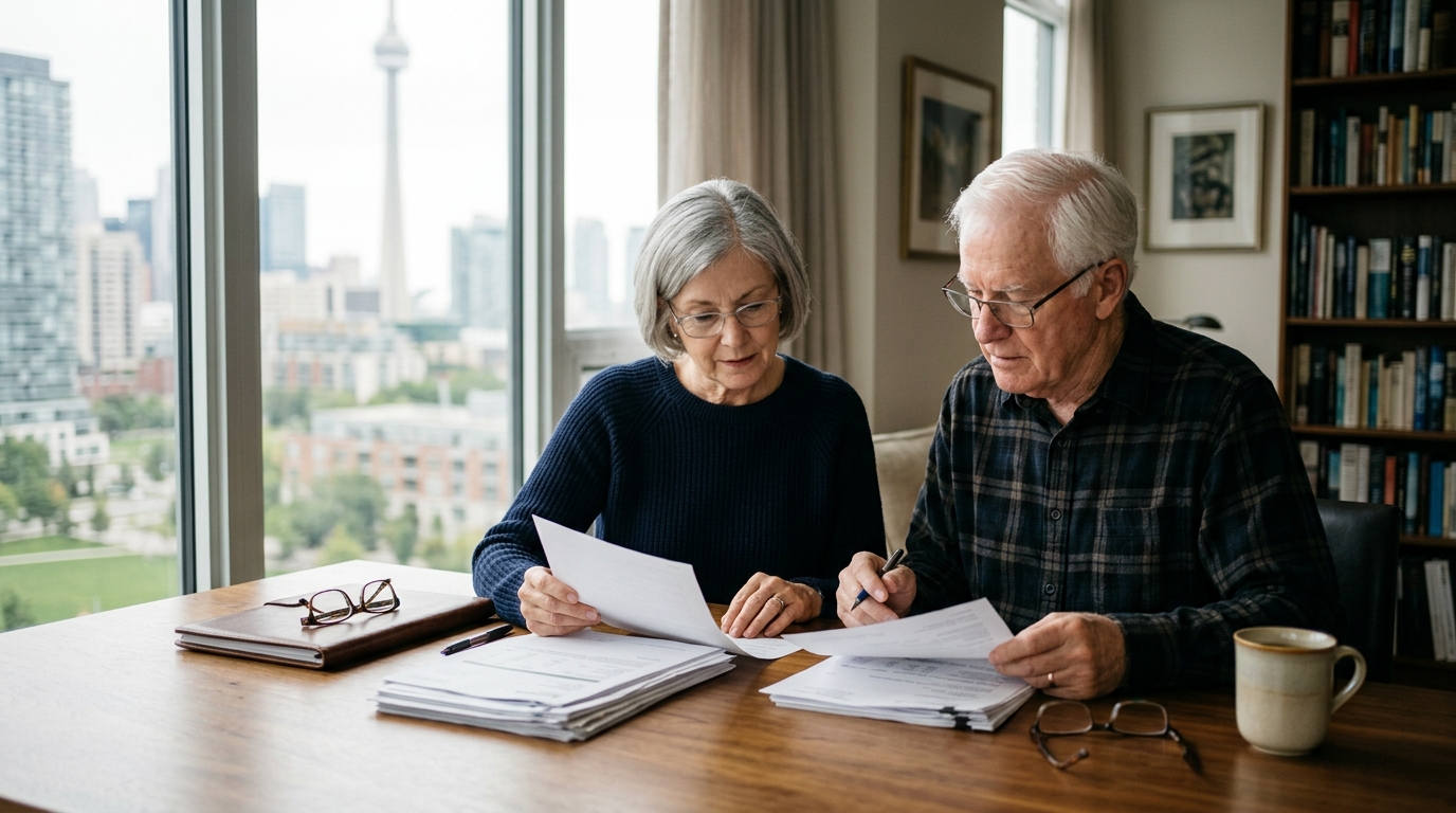Senior Canadian couple in contemporary Toronto study reviewing estate and dividend tax statements