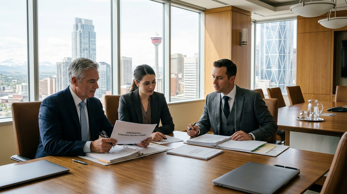 Multi-generational Canadian family business owners meeting with corporate tax attorney in executive boardroom