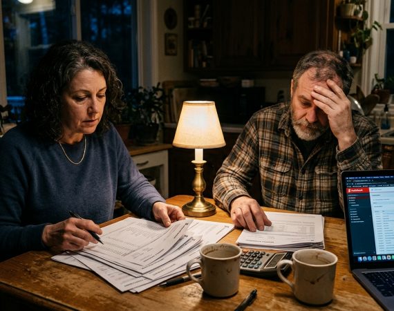 A Canadian couple in their 40s sitting at their kitchen table at night reviewing financial statements and investment fees with a calculator.