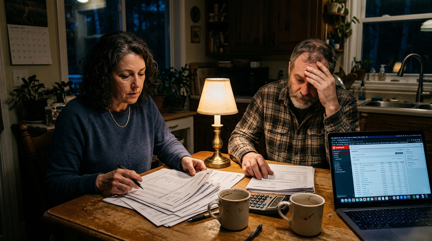 A Canadian couple in their 40s sitting at their kitchen table at night reviewing financial statements and investment fees with a calculator.