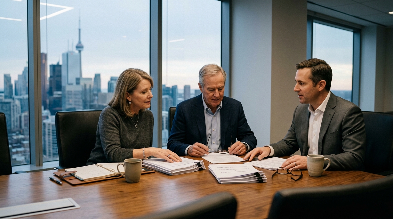 Affluent Canadian family and fiduciary wealth architect reviewing CRA prescribed rate loan agreements and family trust structure in financial office