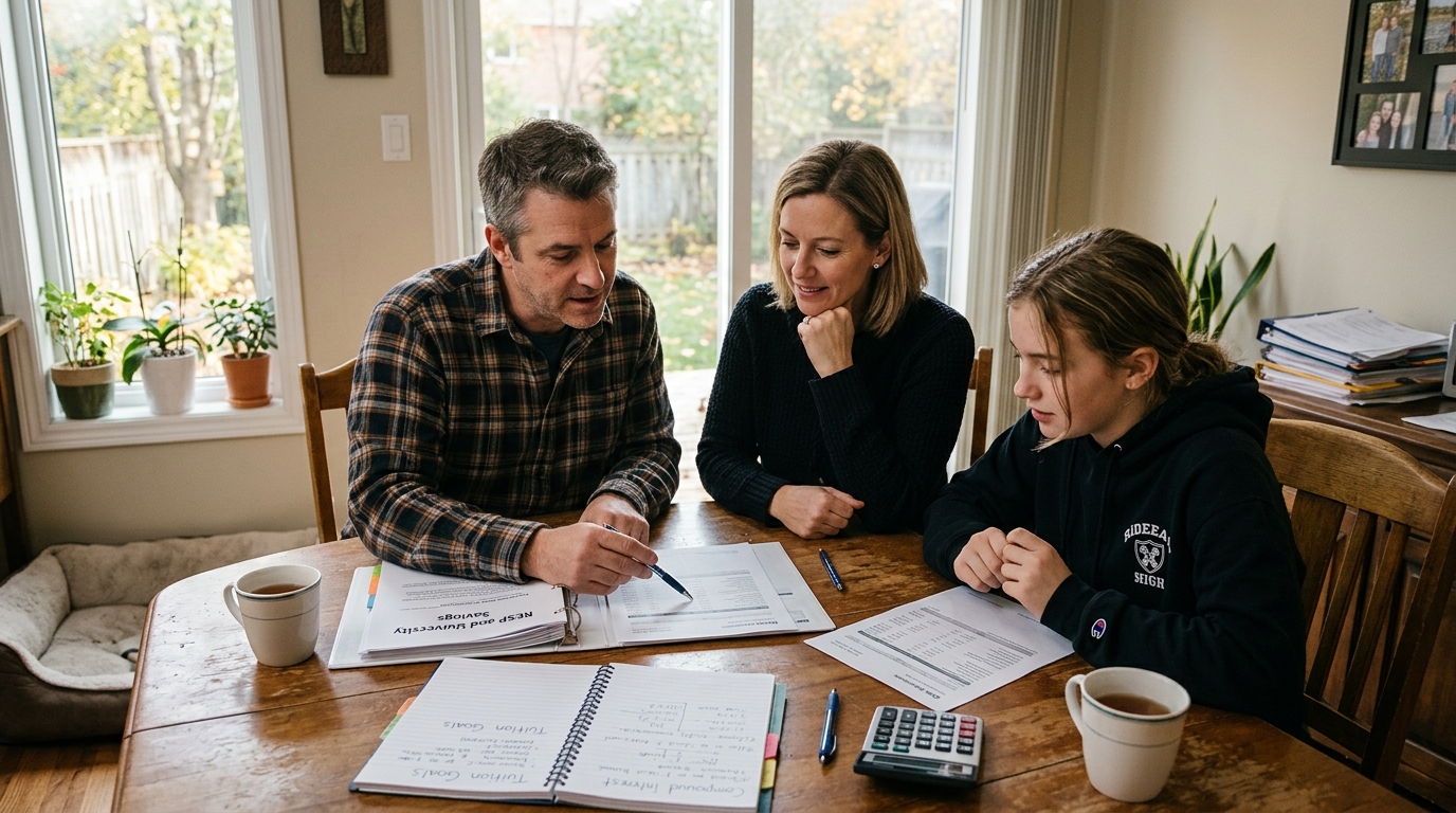 Canadian family reviewing RESP post-secondary education statements, government CESG grants, and tuition planning spreadsheets at dining table