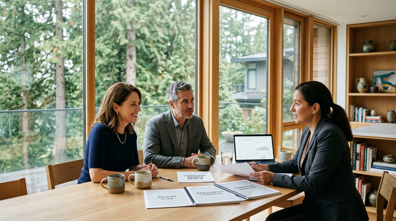 Canadian couple reviewing wealth plan and readvanceable mortgage documents with financial advisor in modern home