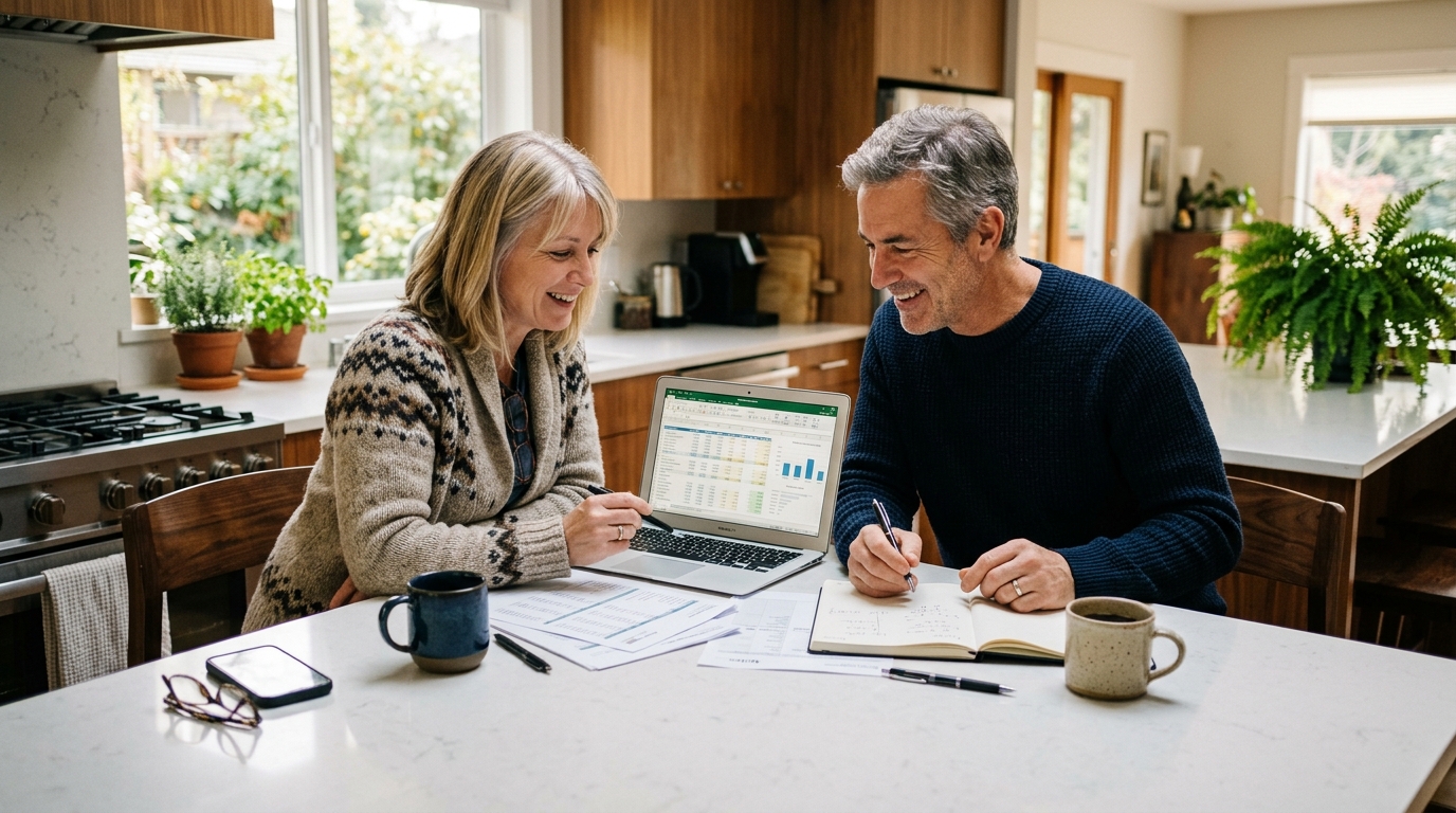 Canadian couple in Vancouver home examining spousal RRSP withdrawal schedule and pension splitting tax calculations on laptop